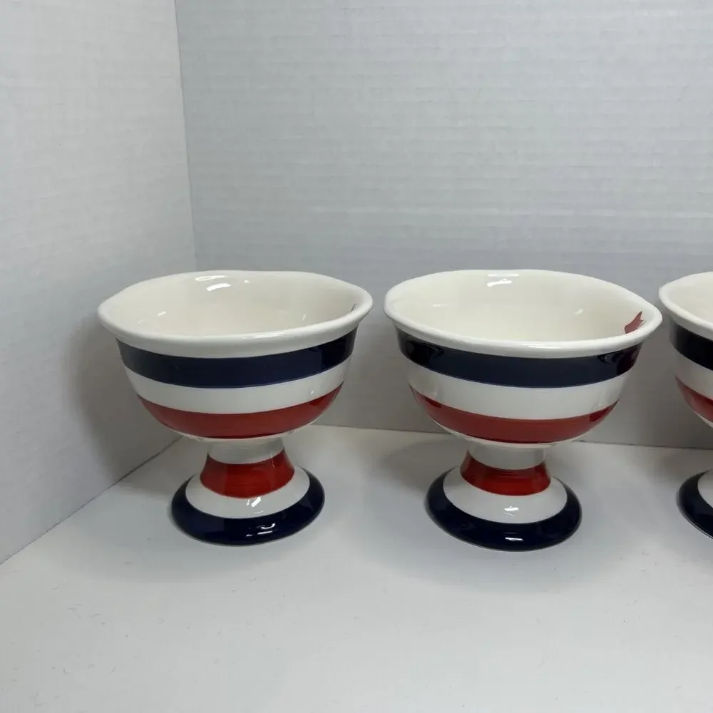 Grace's Teaware ICE CREAM Dessert Bowl Ceramic Blue Red White Striped Qty 4